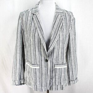 Maurices Linen Blend Blazer Womens Size M White Blue Stripe Long Sleeve Unlined